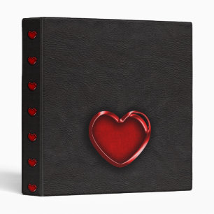 Red Metallic Heart on Black Leather 3 Ring Binder
