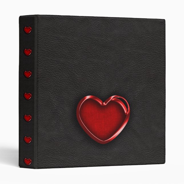 Red Metallic Heart on Black Leather 3 Ring Binder (Front/Spine)