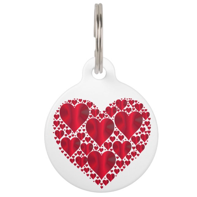 Red Metallic Hearts on White Pet ID Tag (Front)