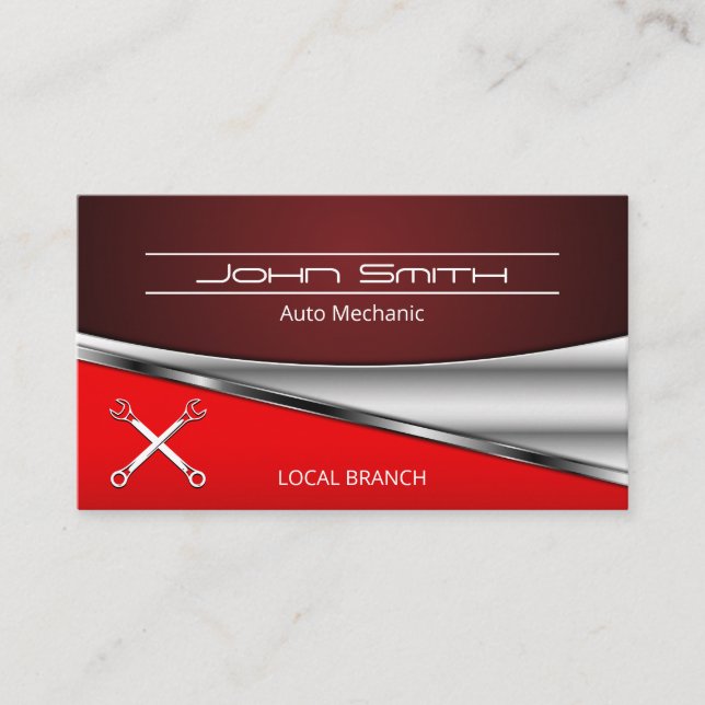 Red Metallic Industrial Background | Wrenches Business Card (Front)