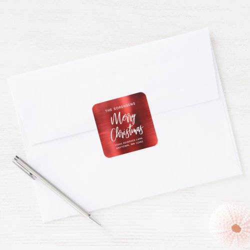 Red Metallic Merry Christmas Return Address Square Sticker