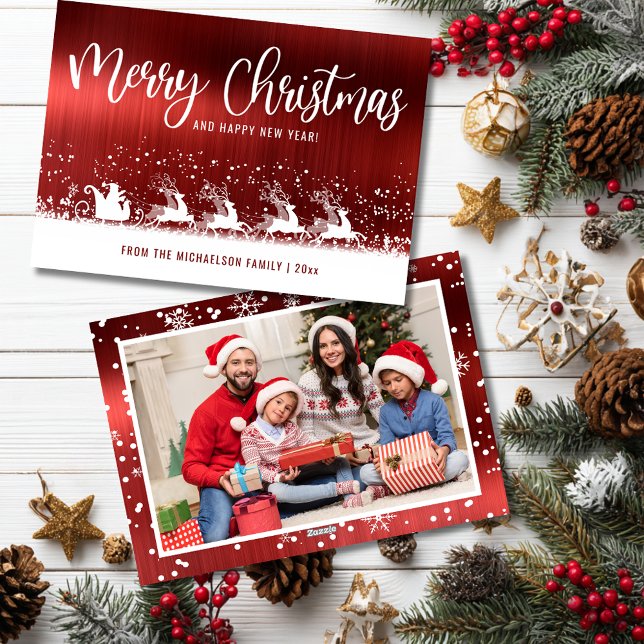 Red Metallic Santa Sleigh Christmas Photo Holiday Card (Red Metallic Santa Sleigh Christmas Photo Card )