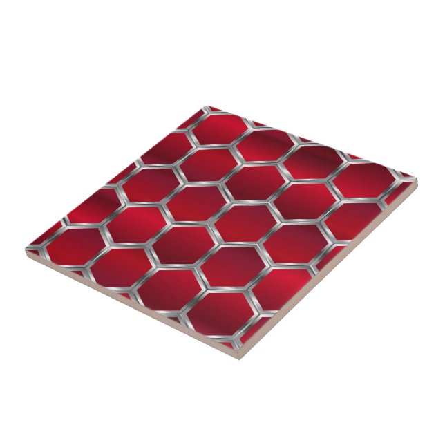 Red & Metallic Silver Octagons Pattern Ceramic Tile (Side)