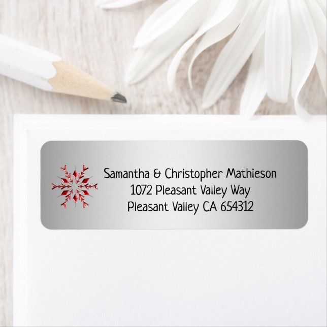 Red Metallic Snowflake on Silver Christmas Label (Insitu)