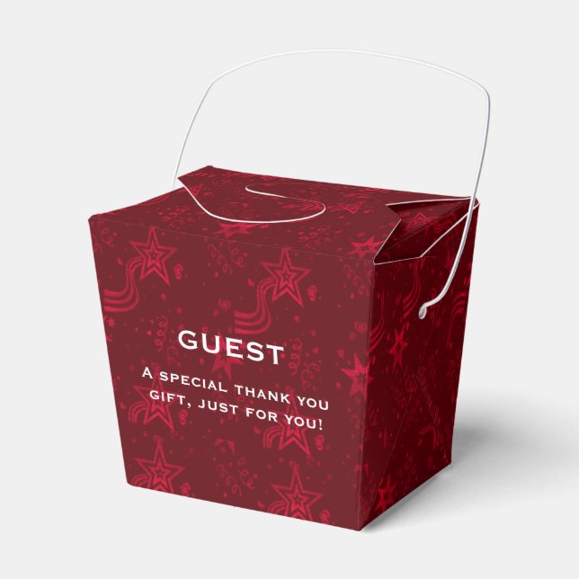 Red Metallic Stars-PARTY FAVOR BOX, take out Boxes (Front Side)