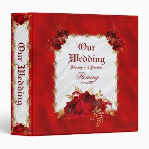 Red Metallic White Satin Gold Floral Wedding 3 Ring Binder
