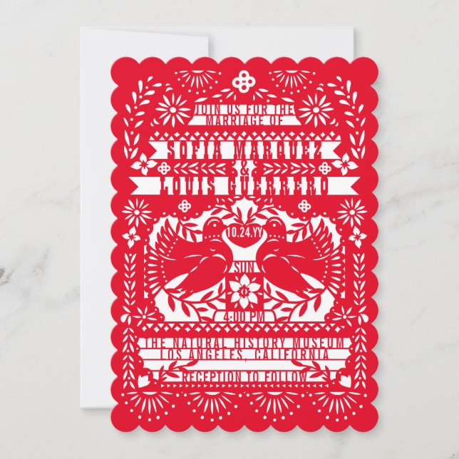 Red Mexican Fantail Doves Papel Picado Wedding Invitation (Front)