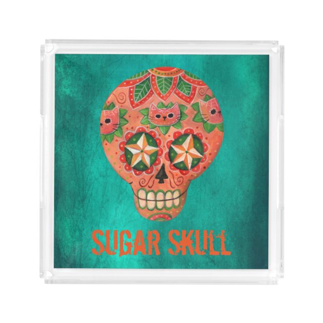 Red Mexican Sugar Skull Acrylic Tray (Front)