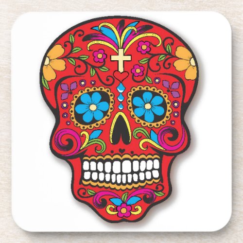 Red Mexican Sugar Skull Day of the Dead Drink Coaster