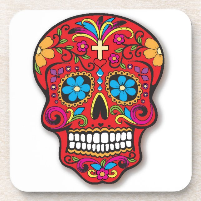 Red Mexican Sugar Skull Day of the Dead Drink Coaster (Front)