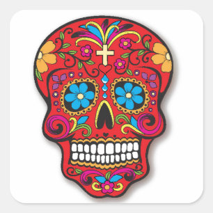 Red Mexican Sugar Skull Day of the Dead Square Sticker