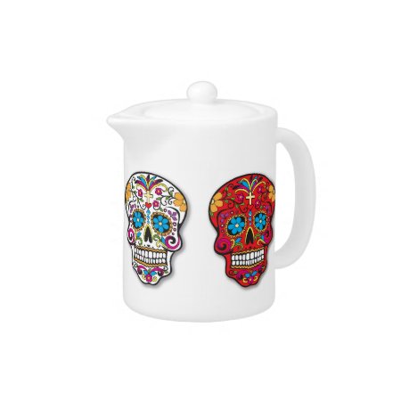 Red Mexican Sugar Skull Day Of The Dead Teapot