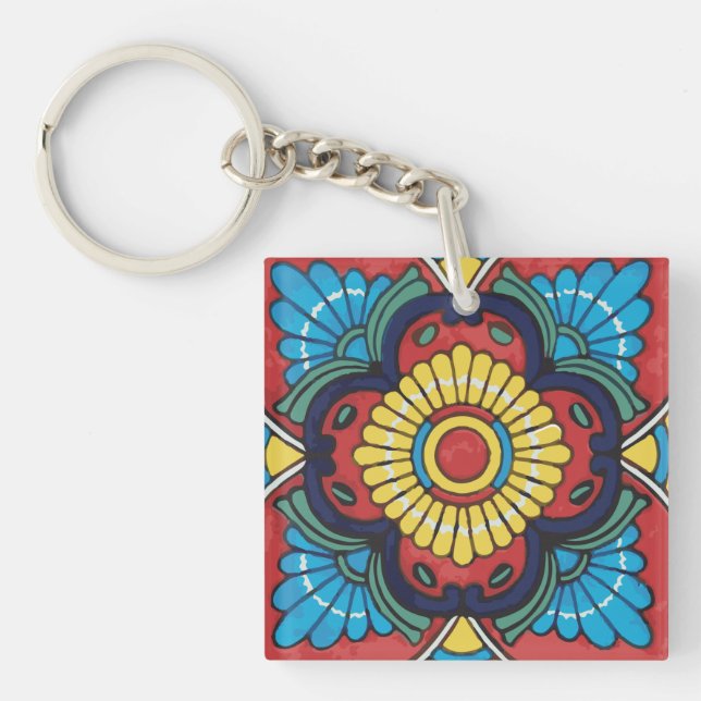 Red Mexican Talavera Tile pottery  Keychain (Front)