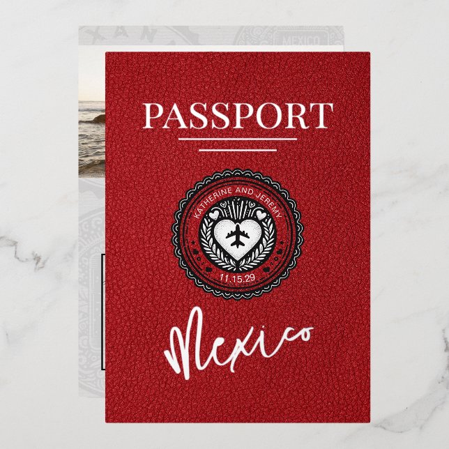 Red Mexico Passport Wedding Foil Invitation (Front/Back)