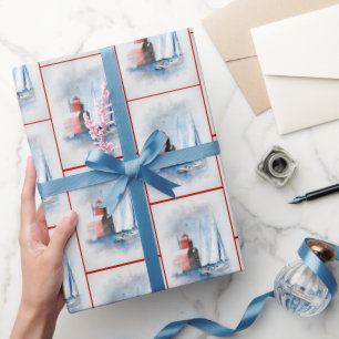 Red Michigan Lighthouse with Sailboat Wrapping Paper