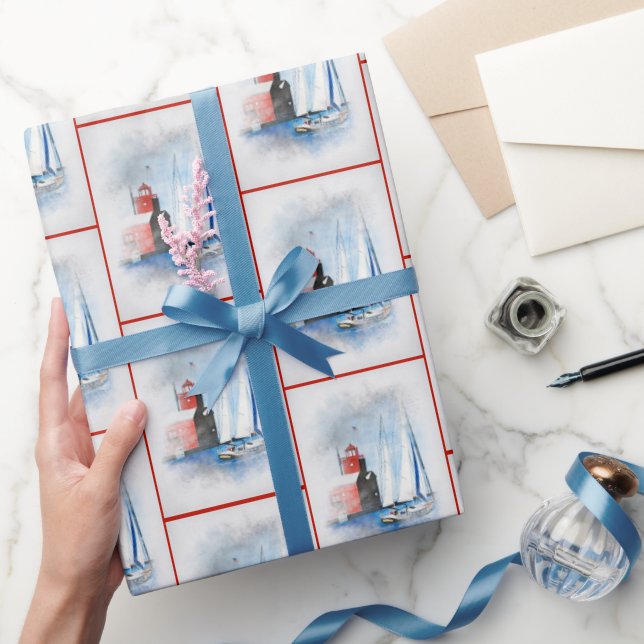 Red Michigan Lighthouse with Sailboat Wrapping Paper (Gifting)