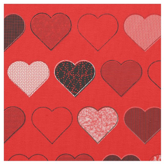 Red Mid Century Modern Hearts Fabric (Close Up)