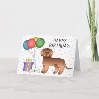 Red Mini Goldendoodle Cartoon Dog Happy Birthday Card