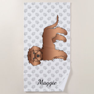Red Mini Goldendoodle Cartoon Dog & Name Beach Towel