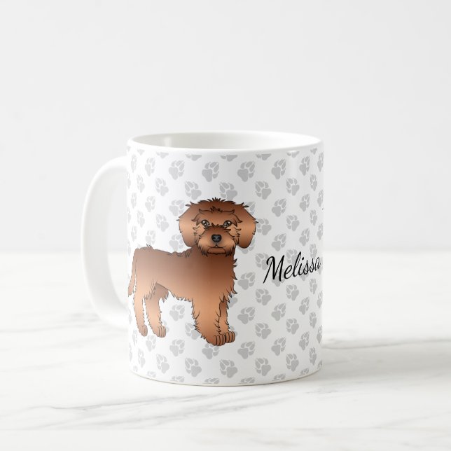 Red Mini Goldendoodle Cartoon Dog & Name Coffee Mug (Front Left)