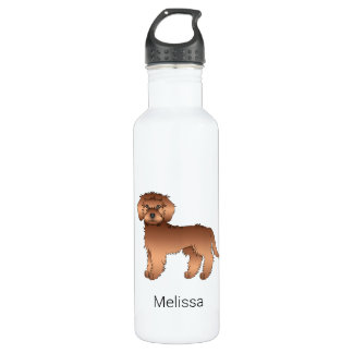 Red Mini Goldendoodle Cartoon Dog &amp; Name Stainless Steel Water Bottle