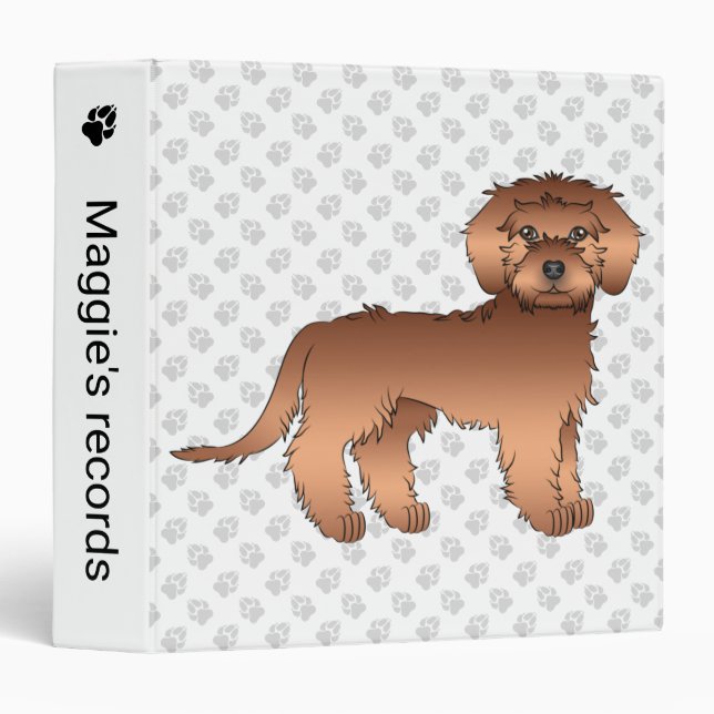 Red Mini Goldendoodle Cartoon Dog & Text 3 Ring Binder (Front/Spine)
