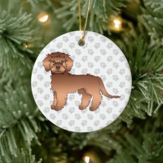 Red Mini Goldendoodle Cartoon Dog &amp; Text Ceramic Ornament