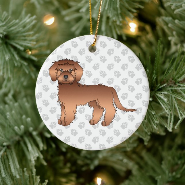 Red Mini Goldendoodle Cartoon Dog & Text Ceramic Ornament (Tree)