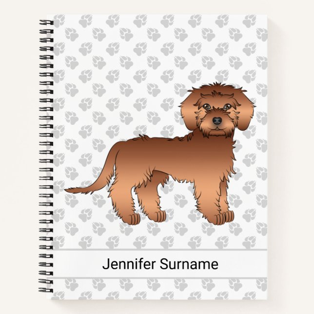 Red Mini Goldendoodle Cartoon Dog & Text Notebook (Front)