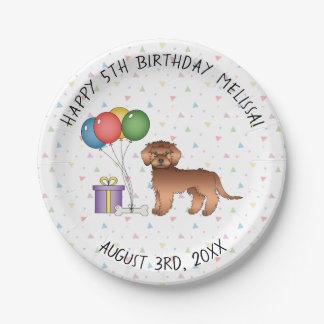 Red Mini Goldendoodle Cute Cartoon Dog Birthday Paper Plates