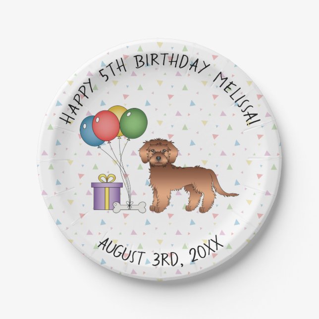 Red Mini Goldendoodle Cute Cartoon Dog Birthday Paper Plates (Front)