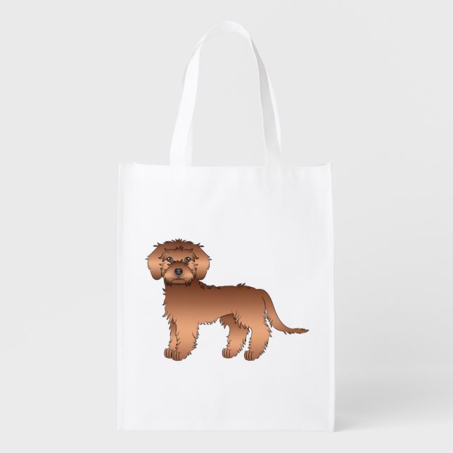 Red Mini Goldendoodle Cute Cartoon Dog Grocery Bag (Front)