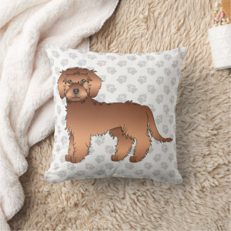 Red Mini Goldendoodle Cute Cartoon Dog &amp; Paws Throw Pillow