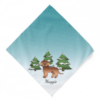 Red Mini Goldendoodle Dog In A Winter Forest Bandana