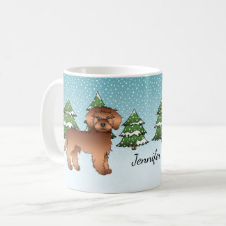 Red Mini Goldendoodle Dog In A Winter Forest Coffee Mug
