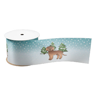 Red Mini Goldendoodle Dog In A Winter Forest Satin Ribbon