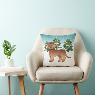 Red Mini Goldendoodle Dog In A Winter Forest Throw Pillow