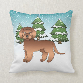 Red Mini Goldendoodle Dog In A Winter Forest Throw Pillow