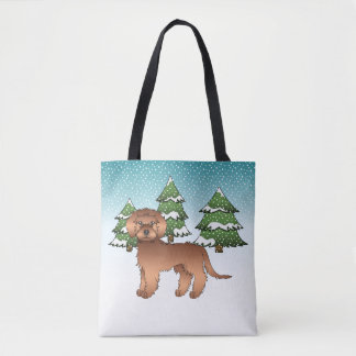 Red Mini Goldendoodle Dog In A Winter Forest Tote Bag