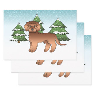 Red Mini Goldendoodle Dog In A Winter Forest Wrapping Paper Sheets