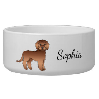 Red Mini Goldendoodle Dog Standing &amp; Name Bowl