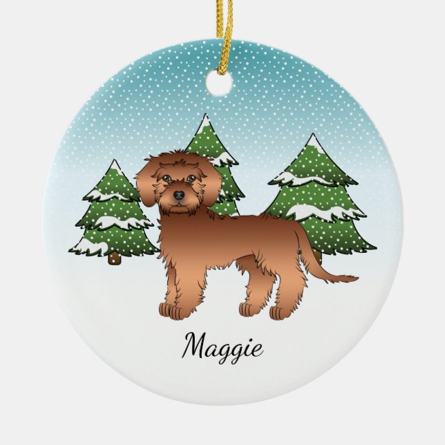Red Mini Goldendoodle - Winter Forest & Name Ceramic Ornament (Front)