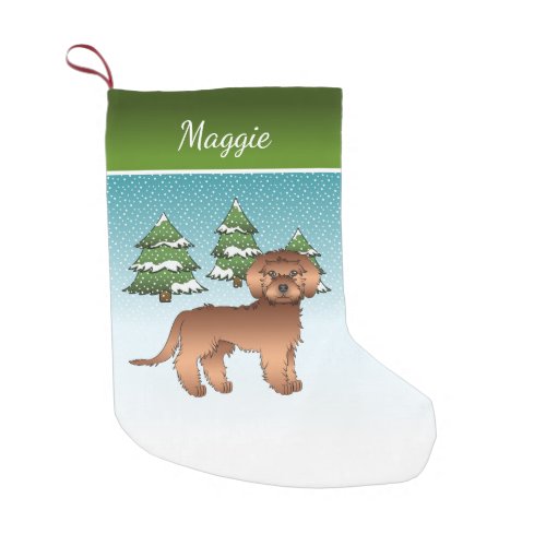 Red  Mini Goldendoodle _ Winter Forest  Name Small Christmas Stocking