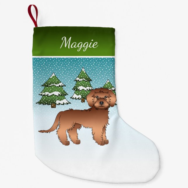 Red  Mini Goldendoodle - Winter Forest & Name Small Christmas Stocking (Front)