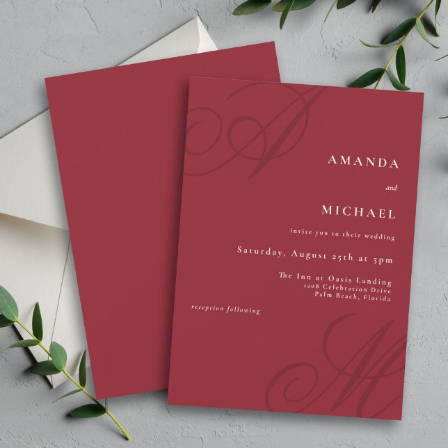 Red Minimal Elegant Calligraphy Monogram Wedding Invitation (Creator Uploaded)