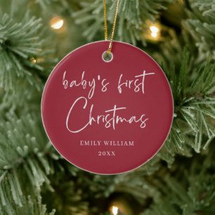 Red Minimal Elegant Photo Baby's Frist Christmas  Ceramic Ornament