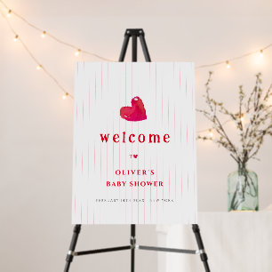 Red Minimal Heart Stripe Baby Shower Welcome Sign