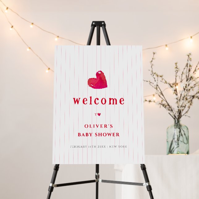 Red Minimal Heart Stripe Baby Shower Welcome Sign (In Situ (Stand))