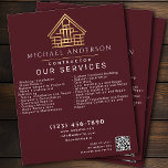 Red Minimal Home Building Construction QR Code Flyer<br><div class="desc">A simple and minimalist business flyer features your name, title, services, and a QR Code. These Luxury aesthetic business flyers are attention-grabbing, with a unique modern design, while presenting a refined high-end feel. Great for private or commercial contractors of various fields. The face of the cards features white text colors,...</div>