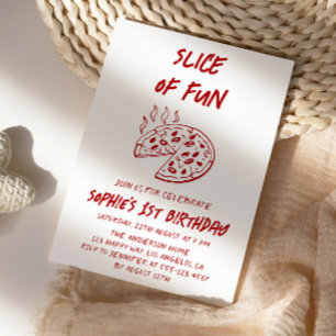 Red Minimal Slice of Fun Pizza Birthday Invitation